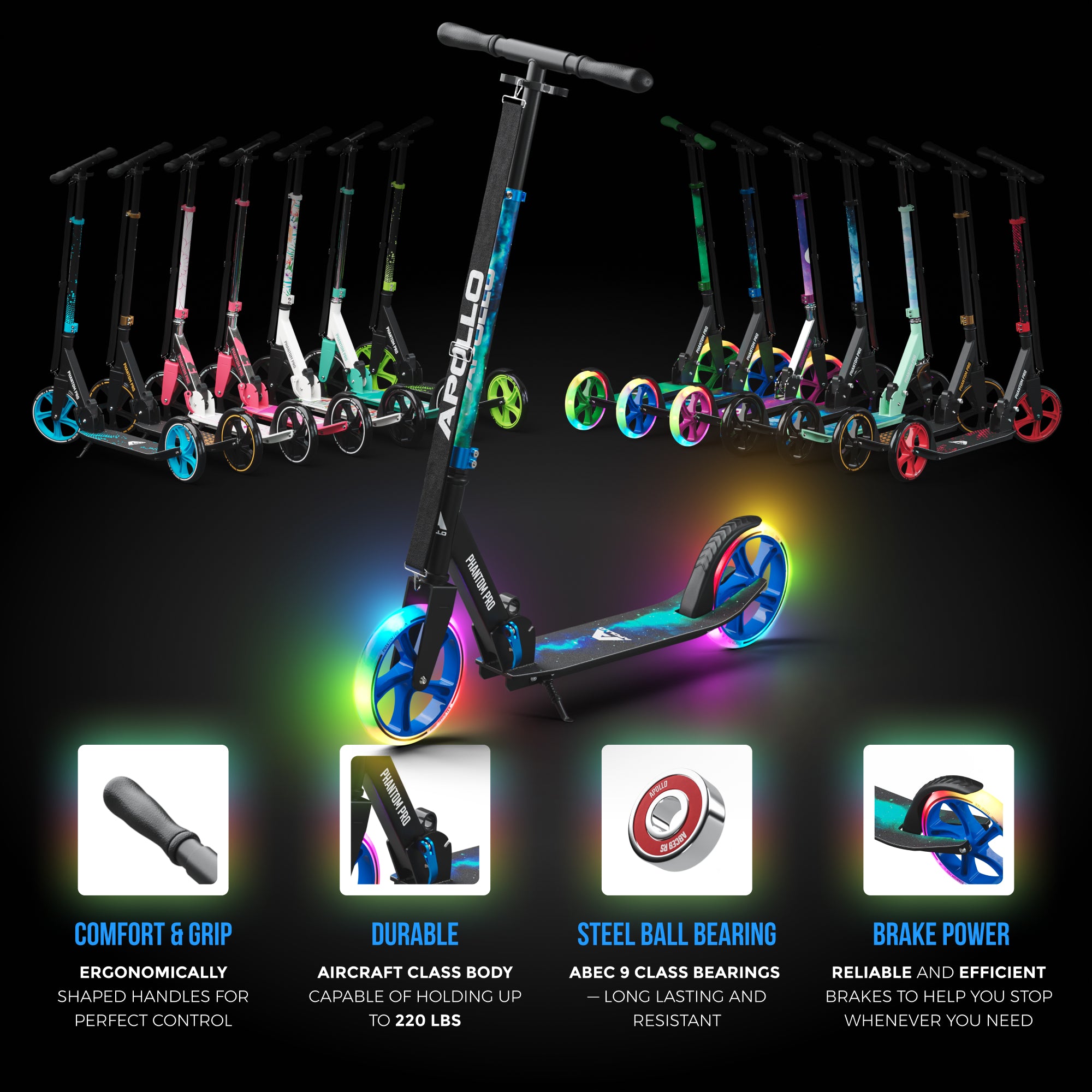 Apollo - Trottinette avec roues XXL Phantom pour adultes et enfants - 200mm - Universe