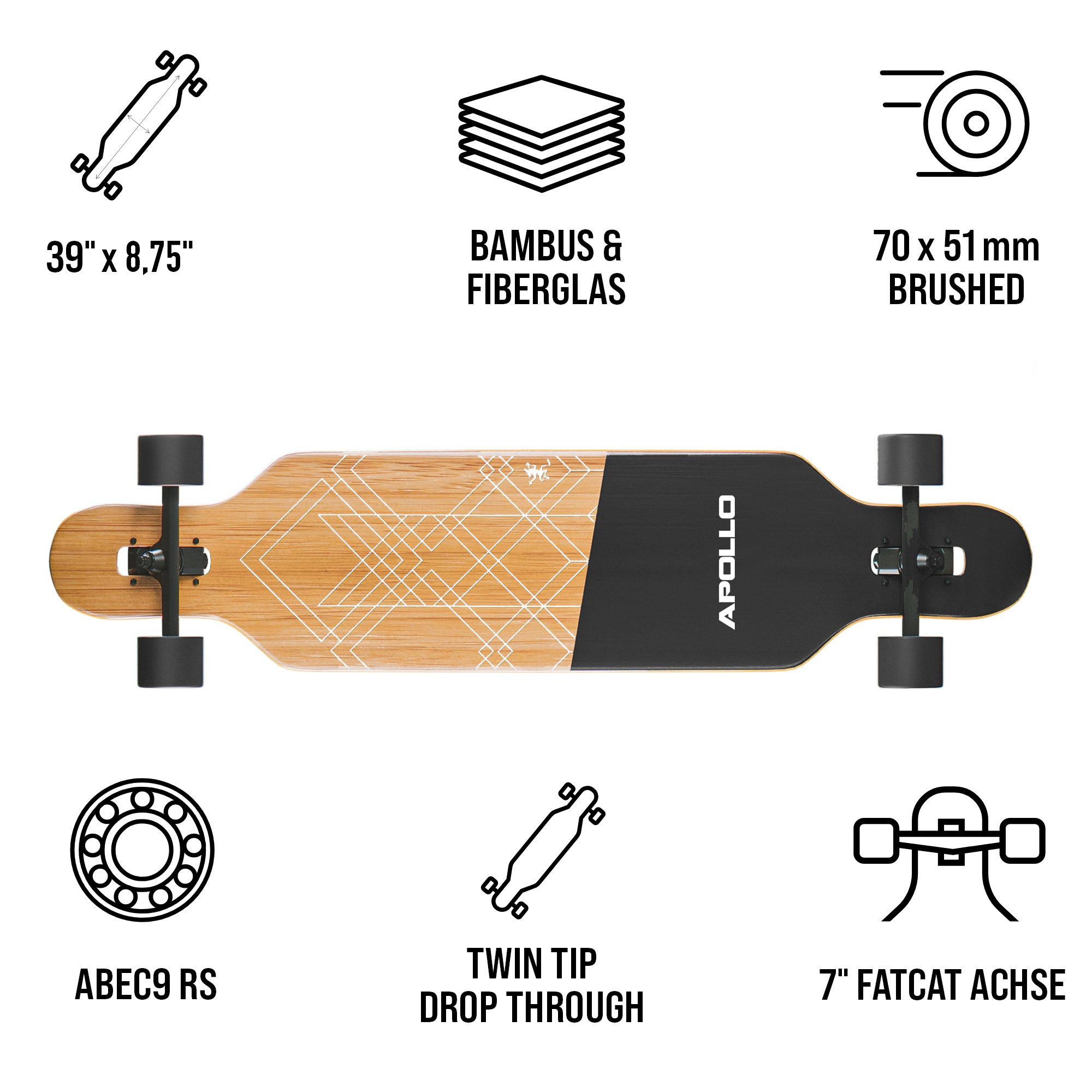 Apollo - Longboard en fibre de verre - Bali Slide Black - 39 - T-Tool inclus - Bali Slide Black