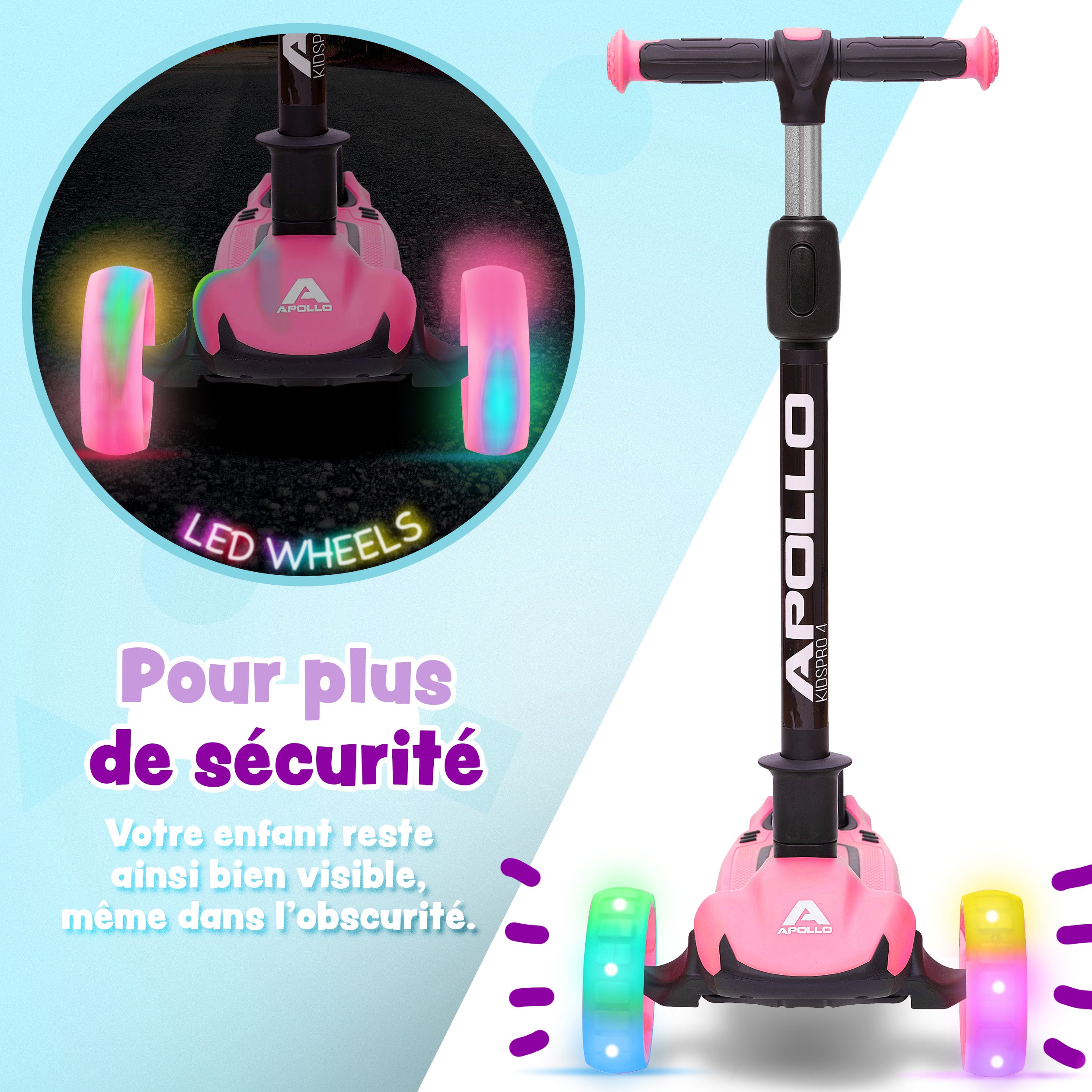 Apollo - Trottinette pour enfants “KidsPro4” trottinette à LED pliable - Pink