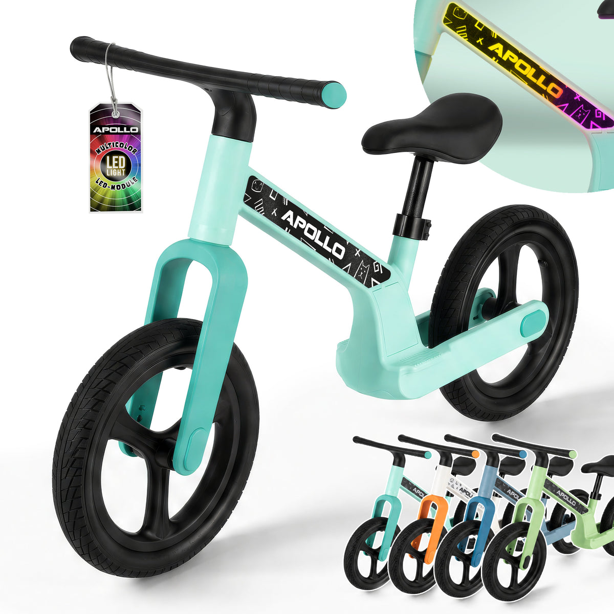 Apollo Funsport France - Draisienne LED Trailbuddy pour enfants dès 2 ans – Draisienne 12 pouces avec éclairage - Menthe