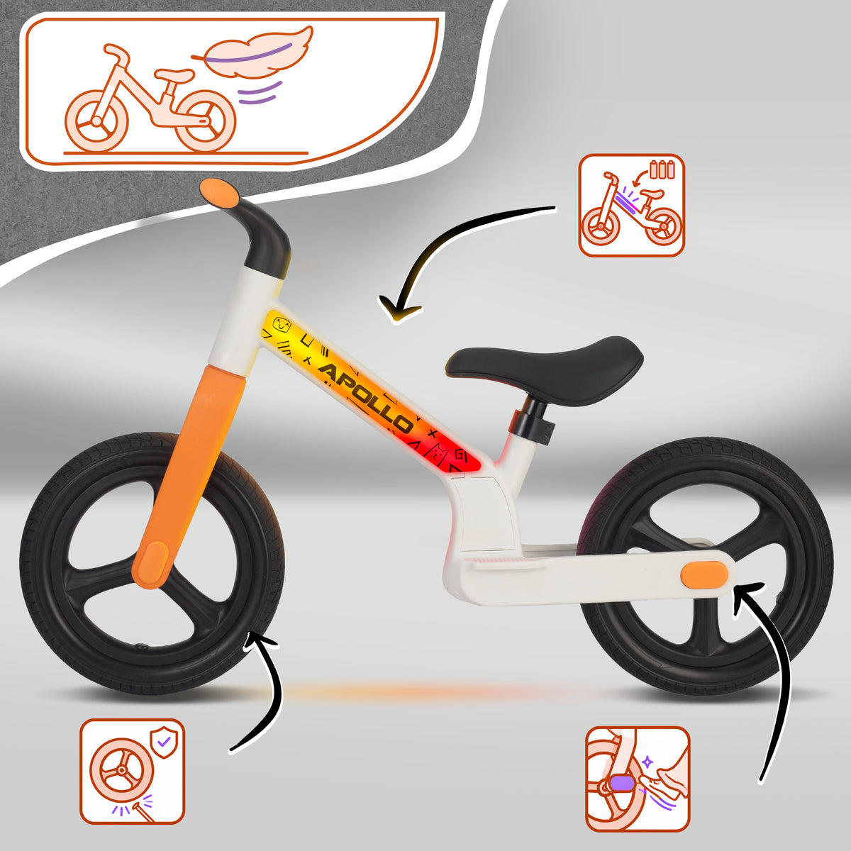 Apollo Funsport France - Draisienne LED Trailbuddy pour enfants dès 2 ans – Draisienne 12 pouces avec éclairage - Blanc