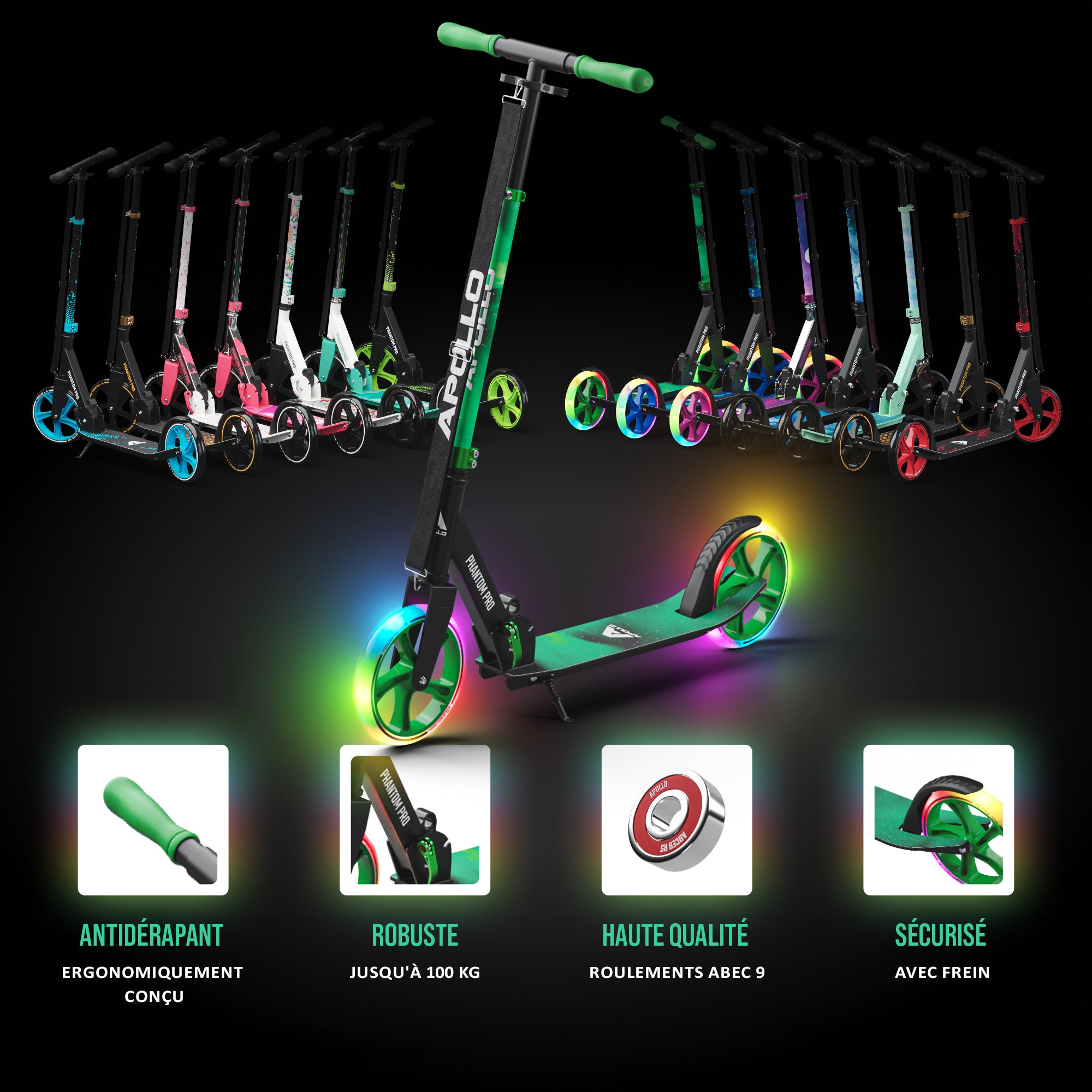 Apollo - Klappbarer City Roller für Kinder "Phantom" höhenverstellbarer Tretroller - Meteor