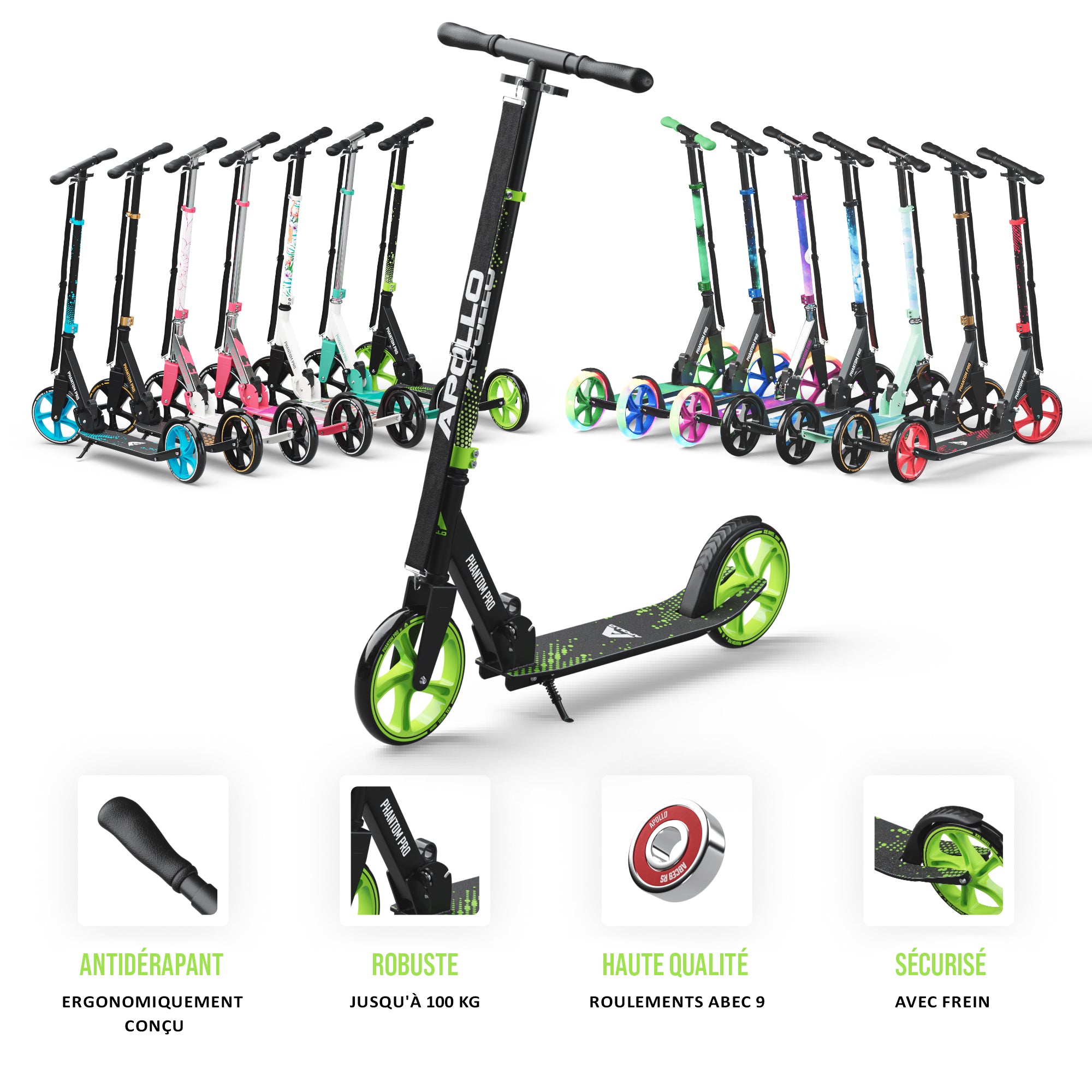 Apollo - Klappbarer City Roller für Kinder "Phantom" höhenverstellbarer Tretroller - Grün