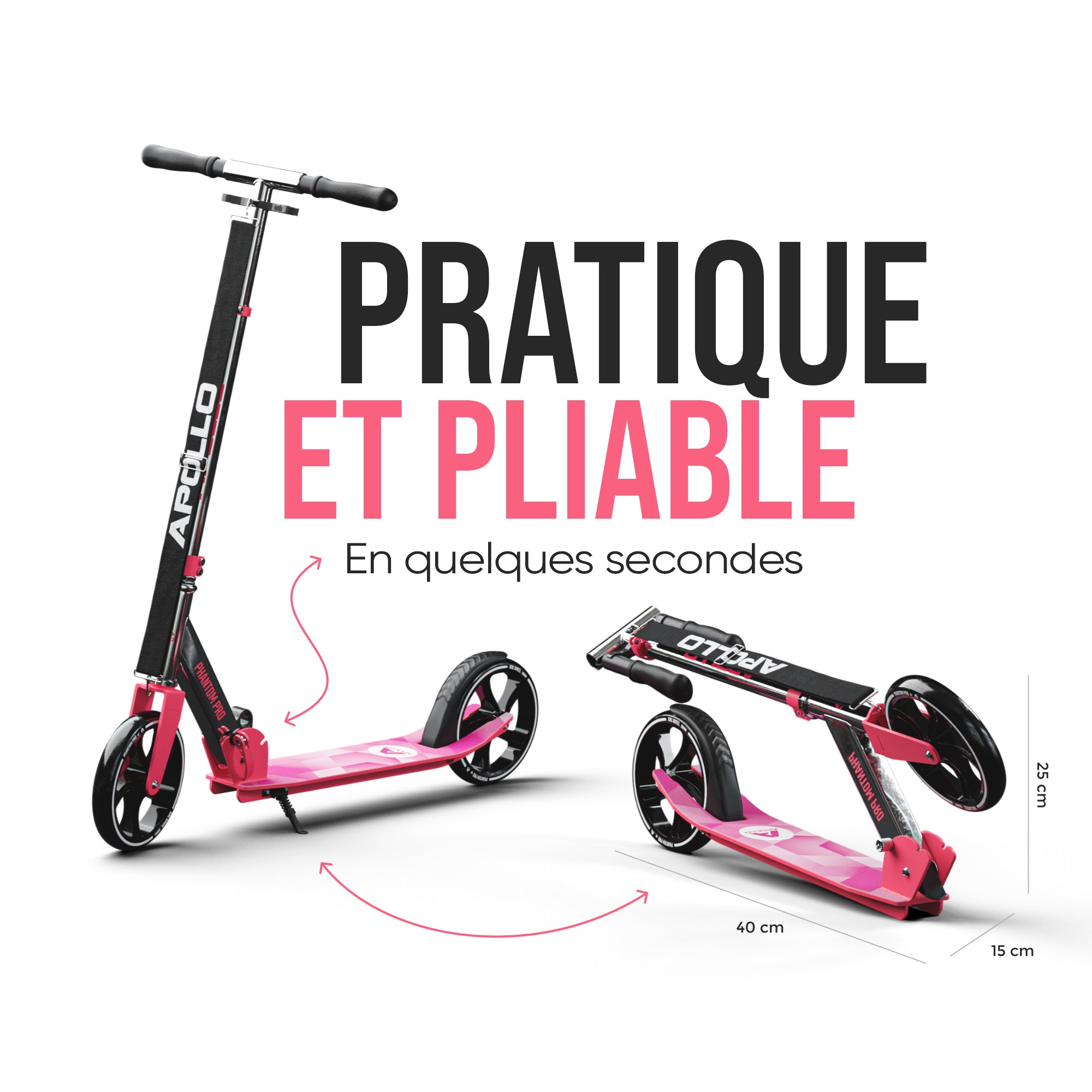 Apollo - Klappbarer City Roller für Kinder "Phantom" höhenverstellbarer Tretroller - Pink Silber