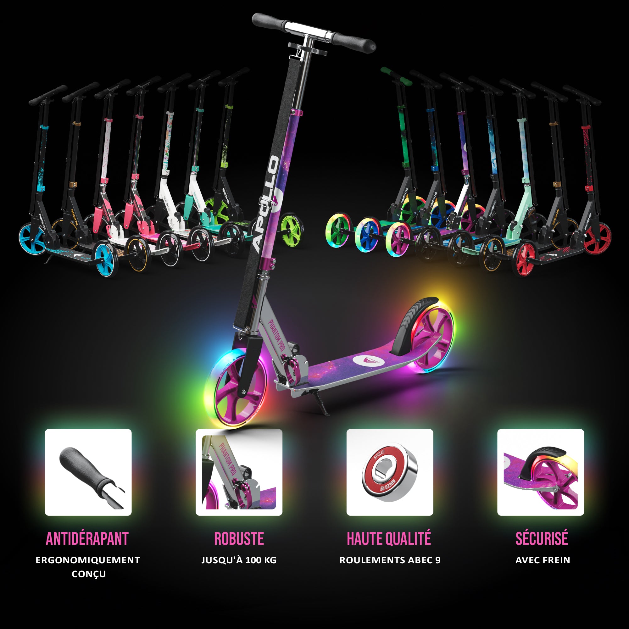Apollo - Klappbarer City Roller für Kinder "Phantom" höhenverstellbarer Tretroller - Starlight