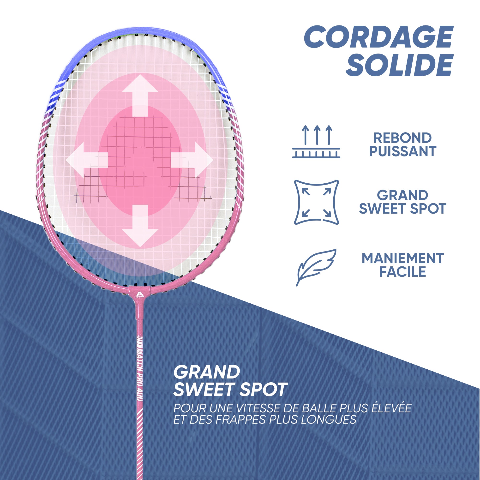 Apollo - Badminton Set Match Pro 400 - Raquette de badminton pour enfants et adultes - Bleu Rose