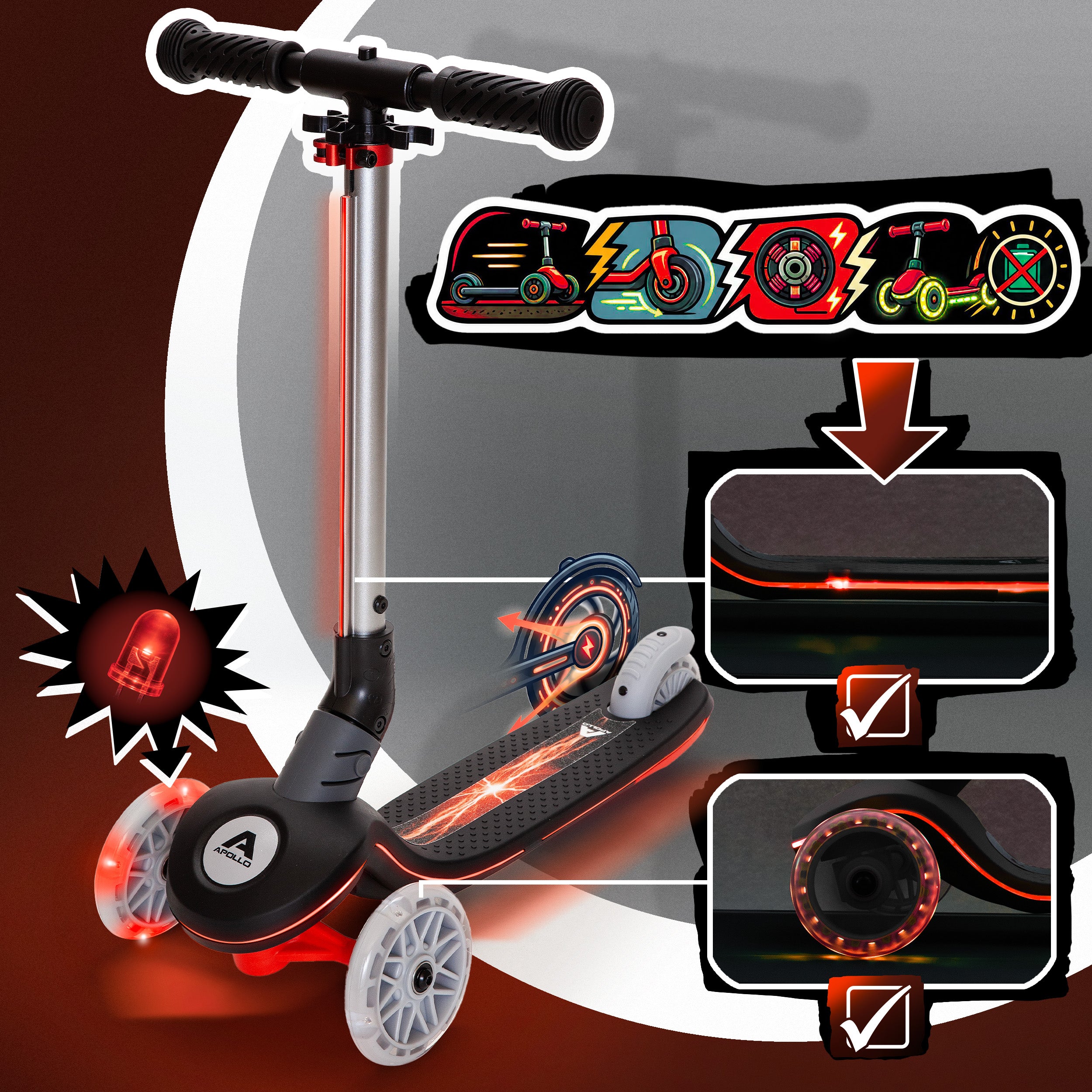 Apollo Funsport France - Trottinette enfant Apollo Whizzie LED, trottinette pliable à trois roues réglable en hauteur pour les enfants à partir de 3 ans - Flamme Noire