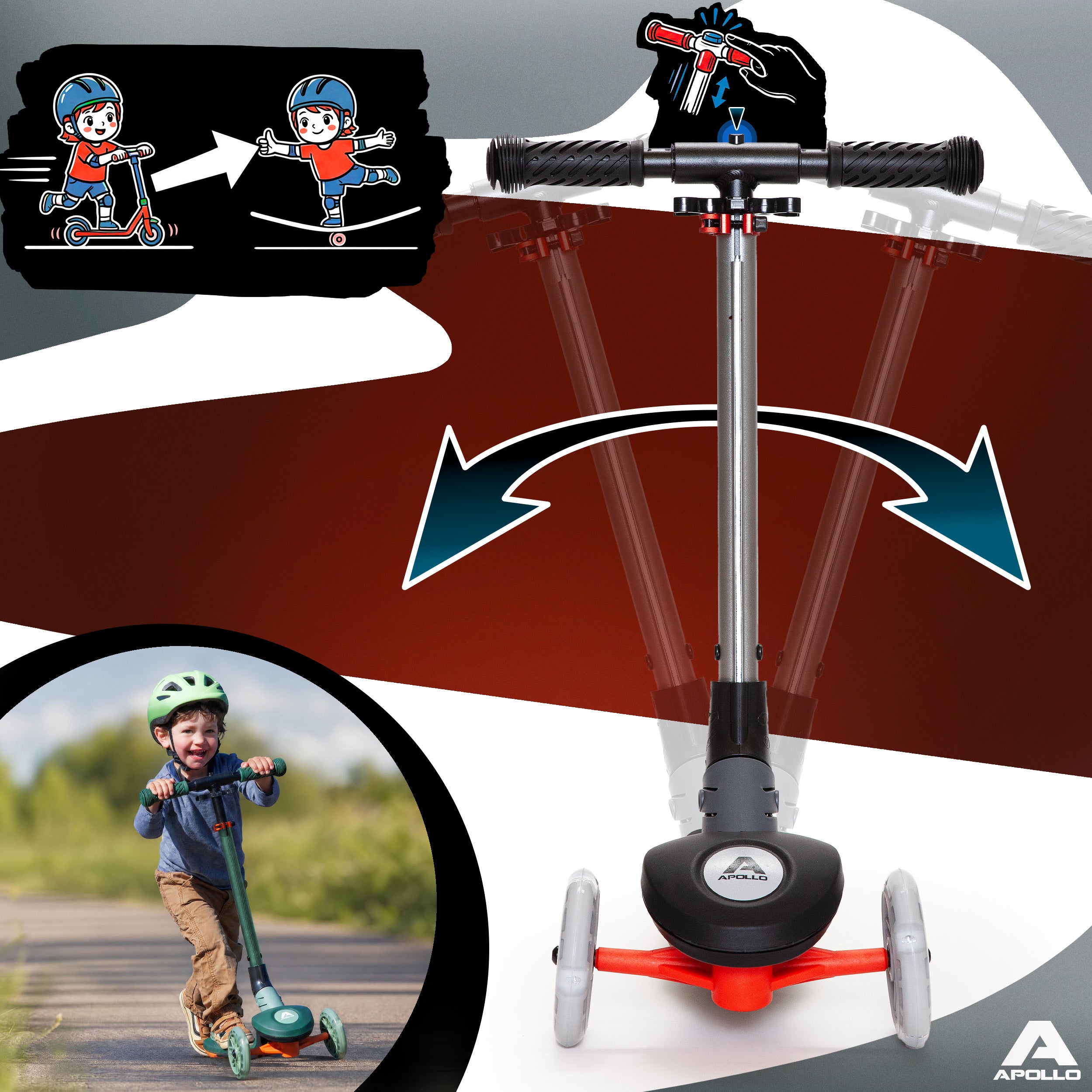 Apollo Funsport France - Trottinette enfant Apollo Whizzie LED, trottinette pliable à trois roues réglable en hauteur pour les enfants à partir de 3 ans - Flamme Noire