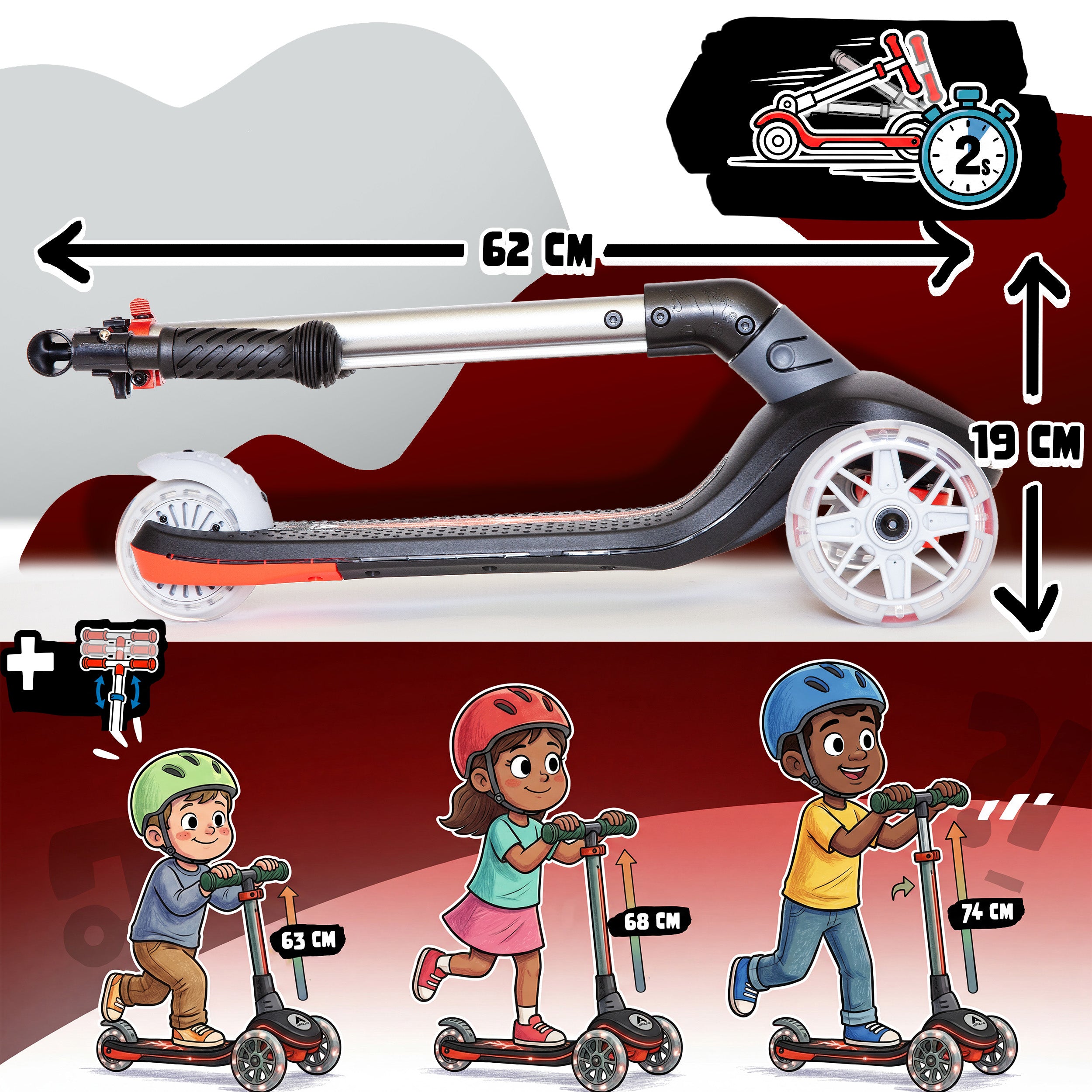 Apollo Funsport France - Trottinette enfant Apollo Whizzie LED, trottinette pliable à trois roues réglable en hauteur pour les enfants à partir de 3 ans - Flamme Noire