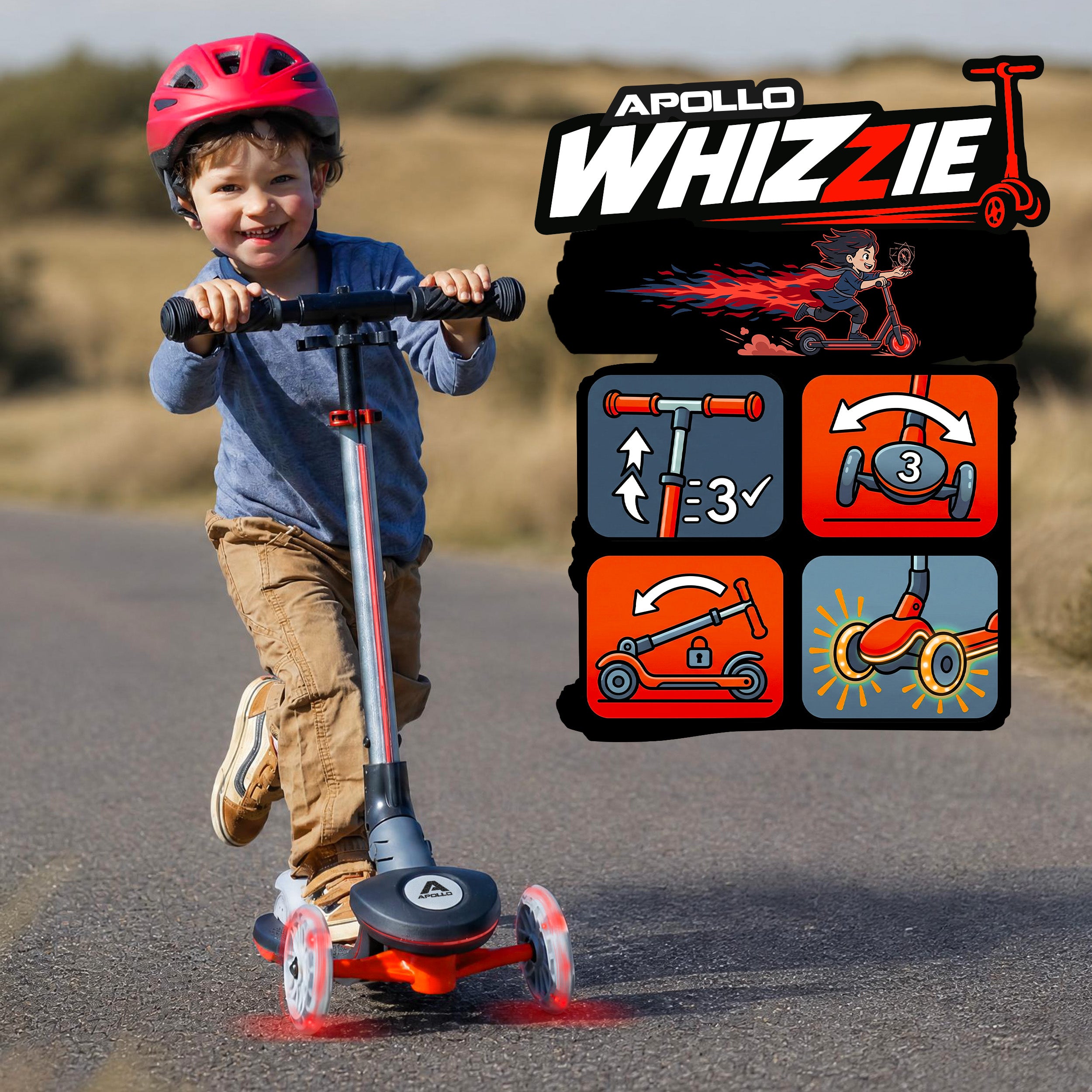 Apollo Funsport France - Trottinette enfant Apollo Whizzie LED, trottinette pliable à trois roues réglable en hauteur pour les enfants à partir de 3 ans - Flamme Noire