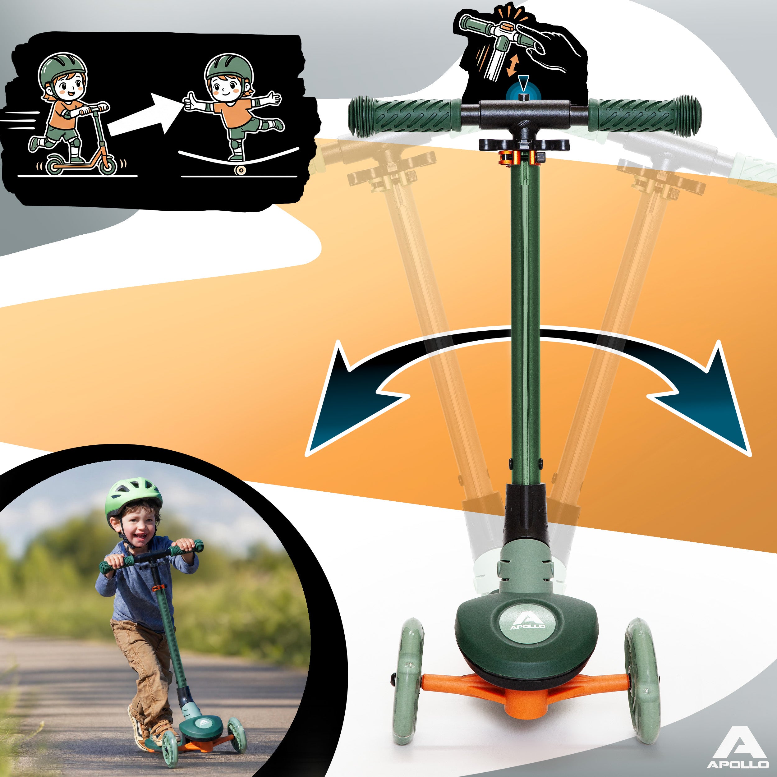 Apollo Funsport France - Trottinette enfant Apollo Whizzie LED, trottinette pliable à trois roues réglable en hauteur pour les enfants à partir de 3 ans - Croco