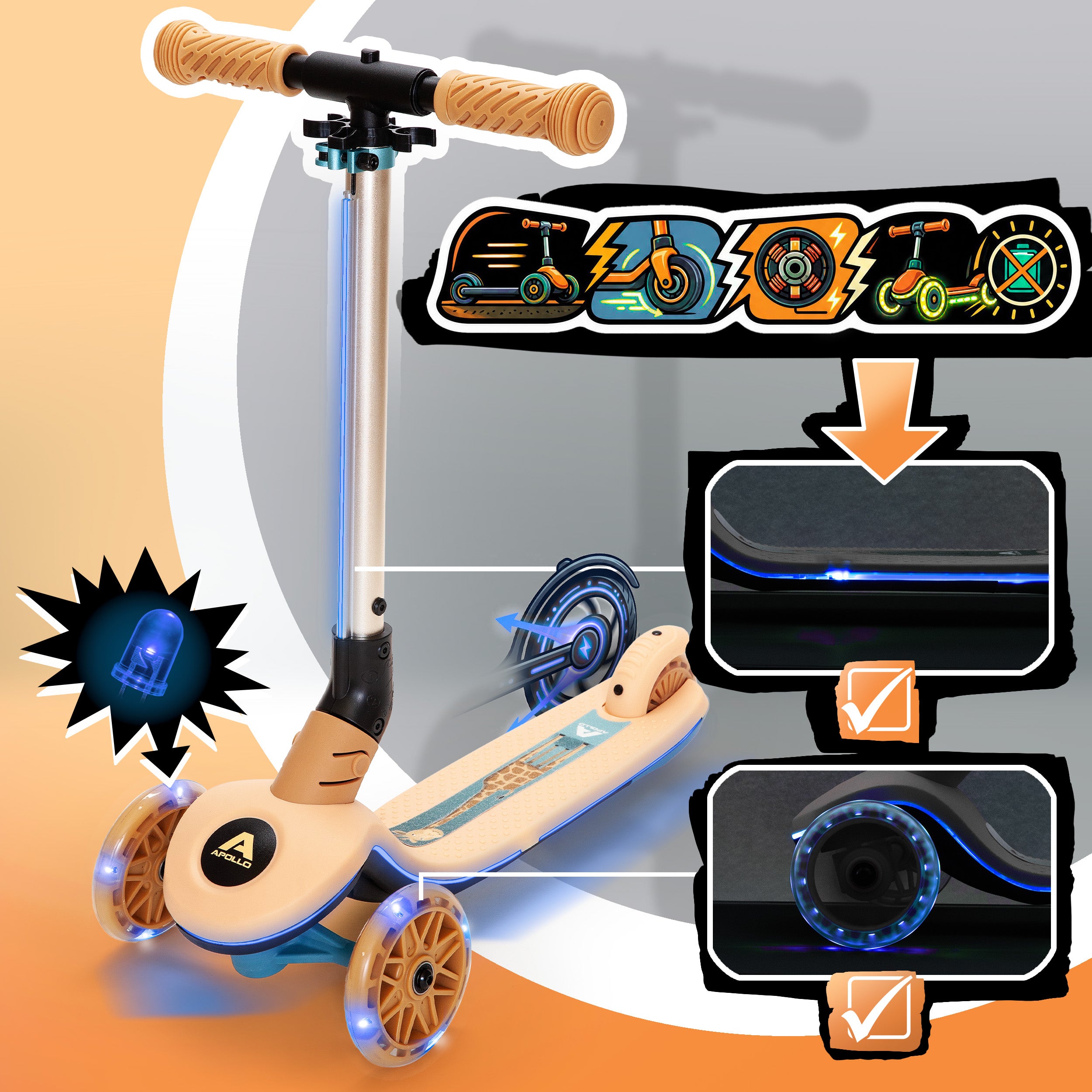 Apollo Funsport France - Trottinette enfant Apollo Whizzie LED, trottinette pliable à trois roues réglable en hauteur pour les enfants à partir de 3 ans - Girafe