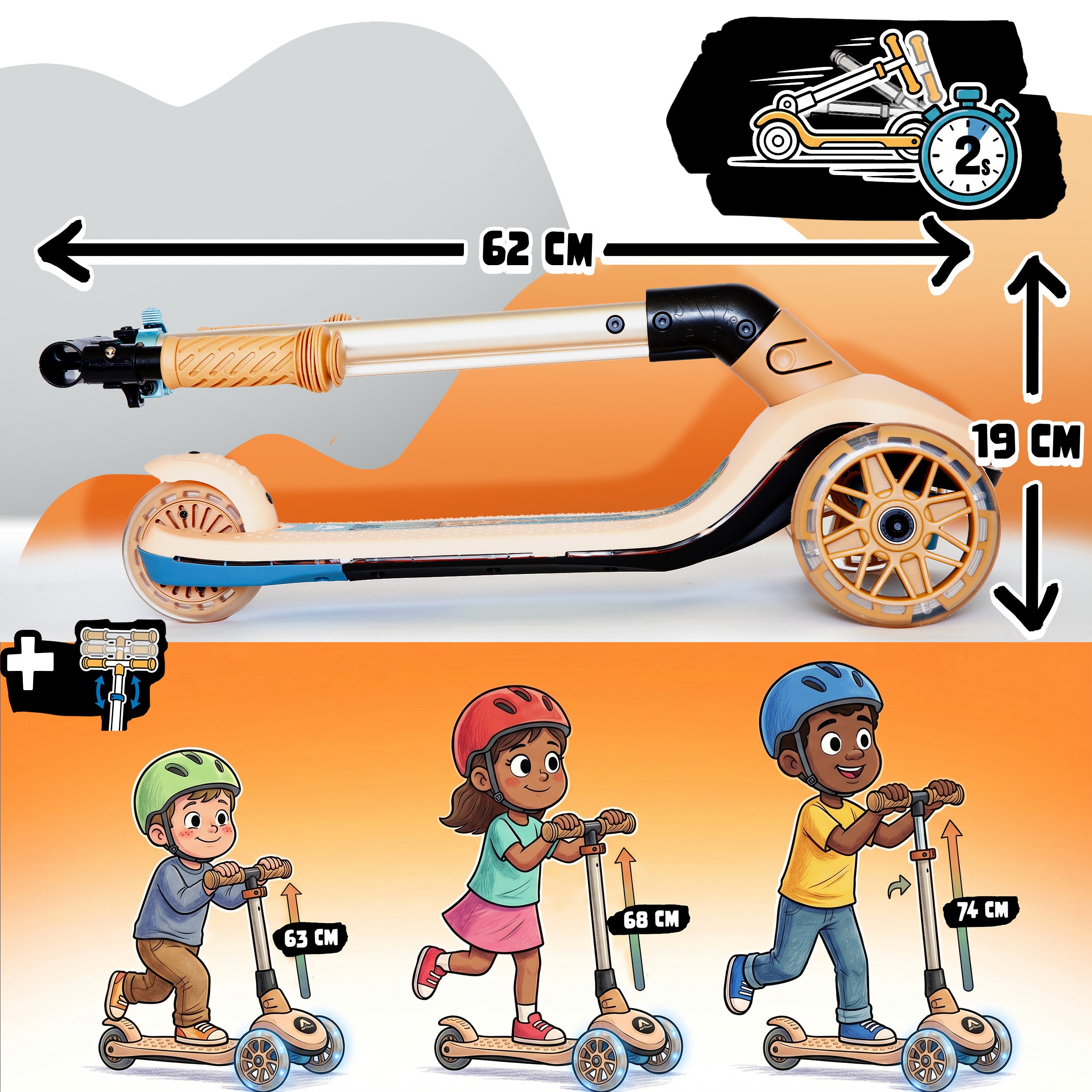 Apollo Funsport France - Trottinette enfant Apollo Whizzie LED, trottinette pliable à trois roues réglable en hauteur pour les enfants à partir de 3 ans - Girafe