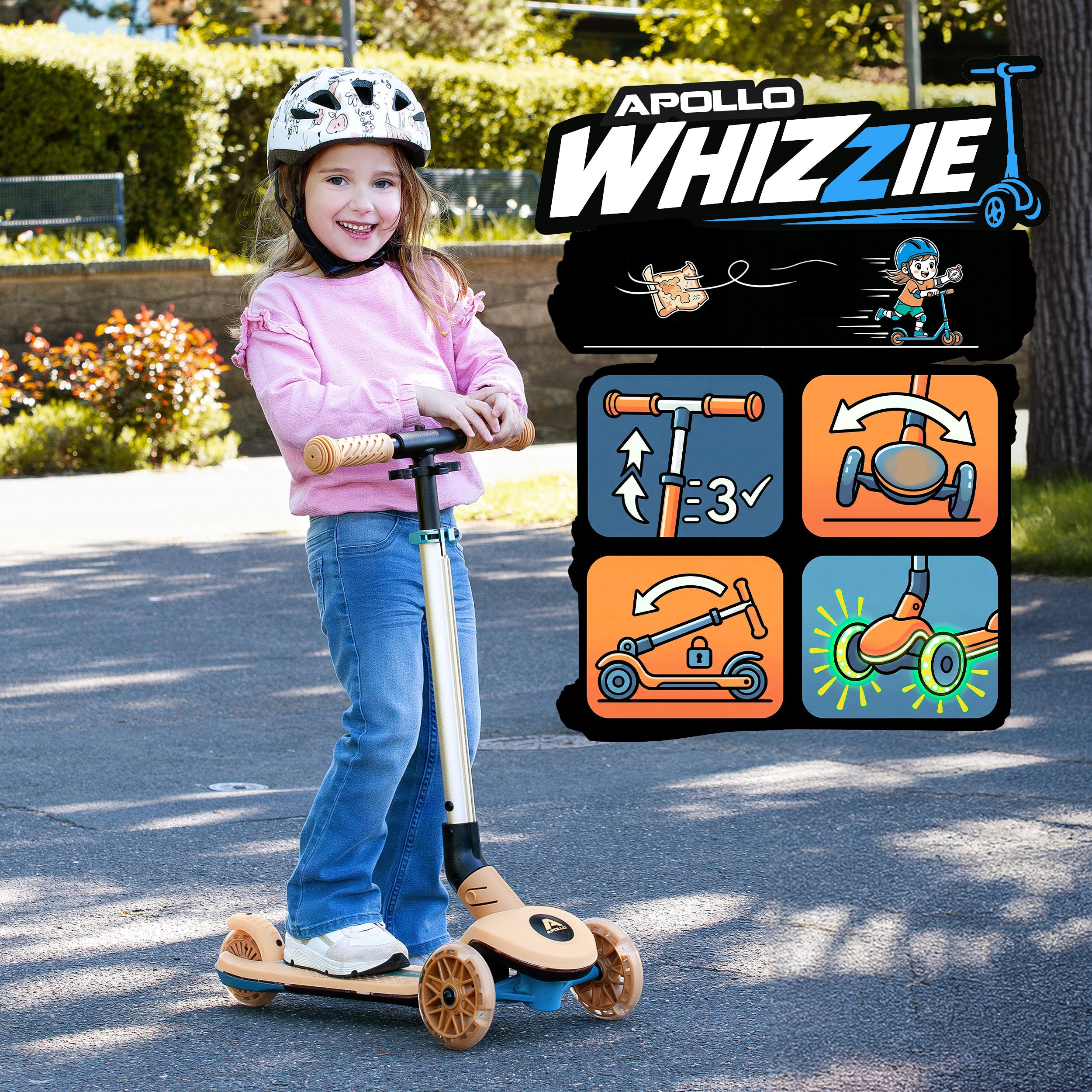 Apollo Funsport France - Trottinette enfant Apollo Whizzie LED, trottinette pliable à trois roues réglable en hauteur pour les enfants à partir de 3 ans - Girafe