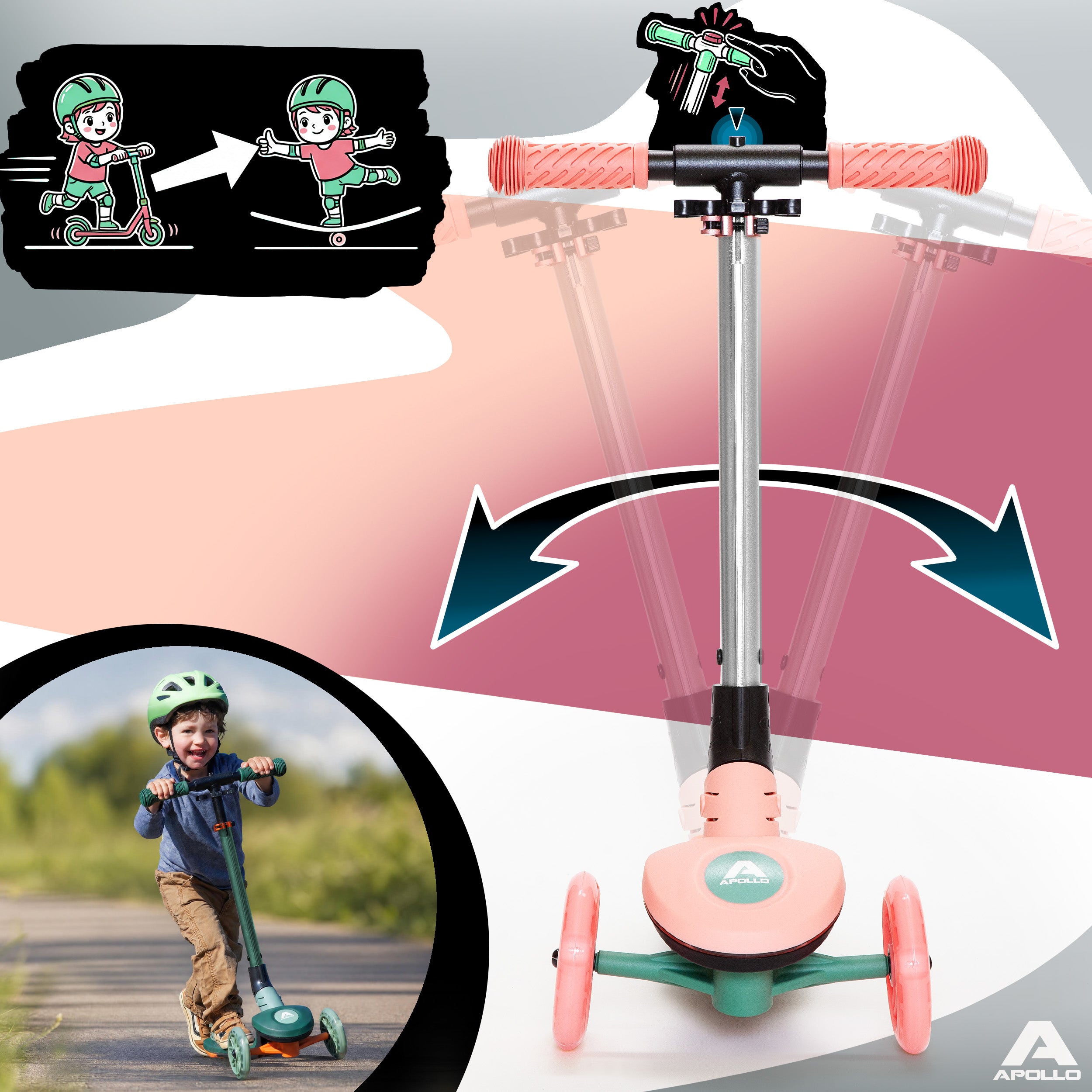 Apollo Funsport France - Trottinette enfant Apollo Whizzie LED, trottinette pliable à trois roues réglable en hauteur pour les enfants à partir de 3 ans - Flamant rose