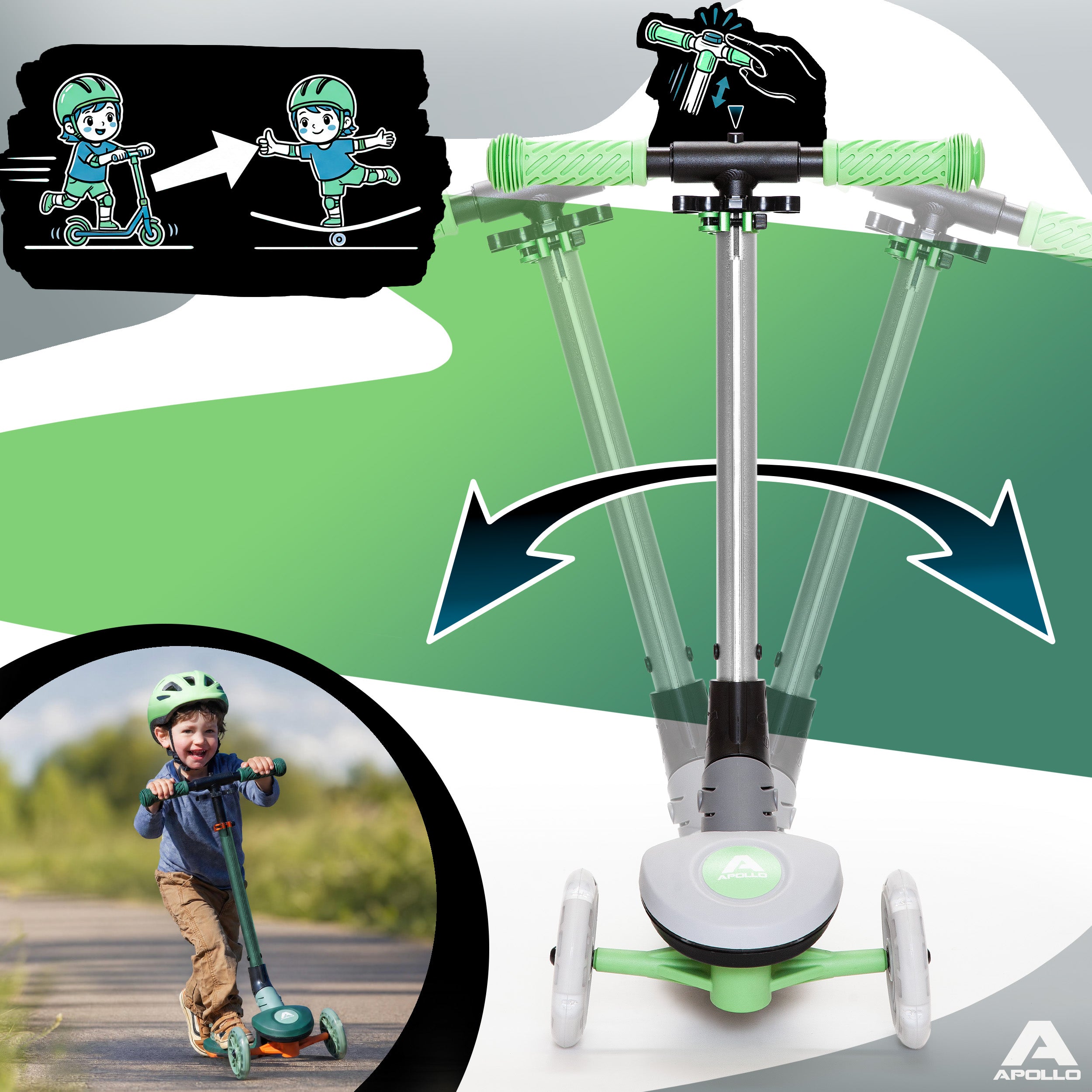 Apollo Funsport France - Trottinette enfant Apollo Whizzie LED, trottinette pliable à trois roues réglable en hauteur pour les enfants à partir de 3 ans - Chat